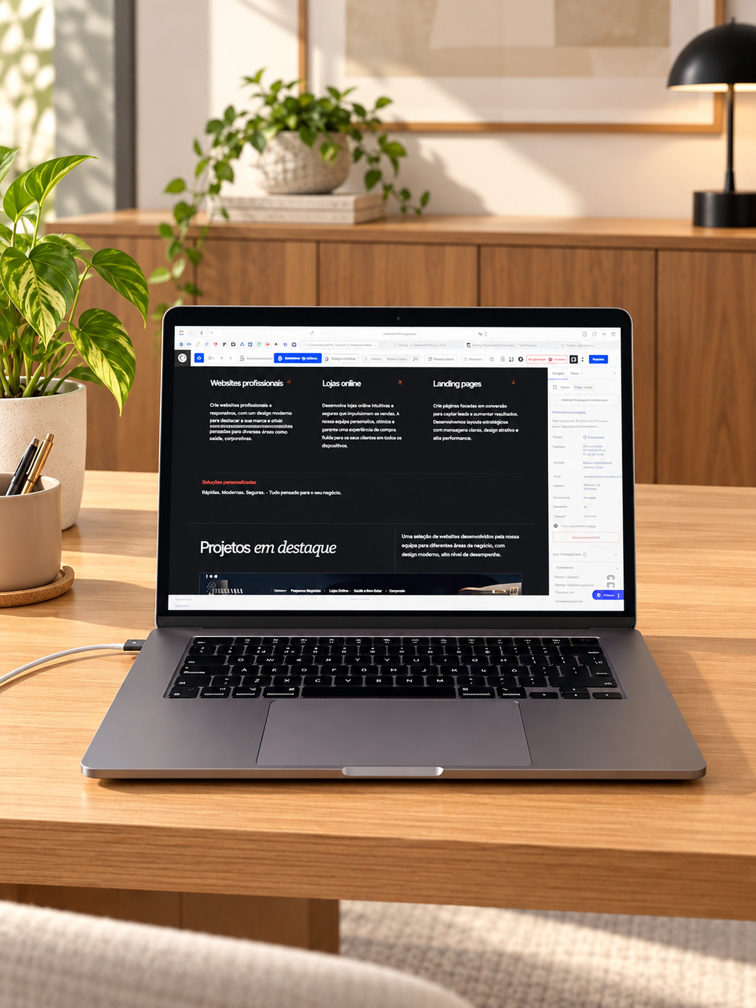 MacBook aberto sobre uma secretária, num escritório com luz natural.
