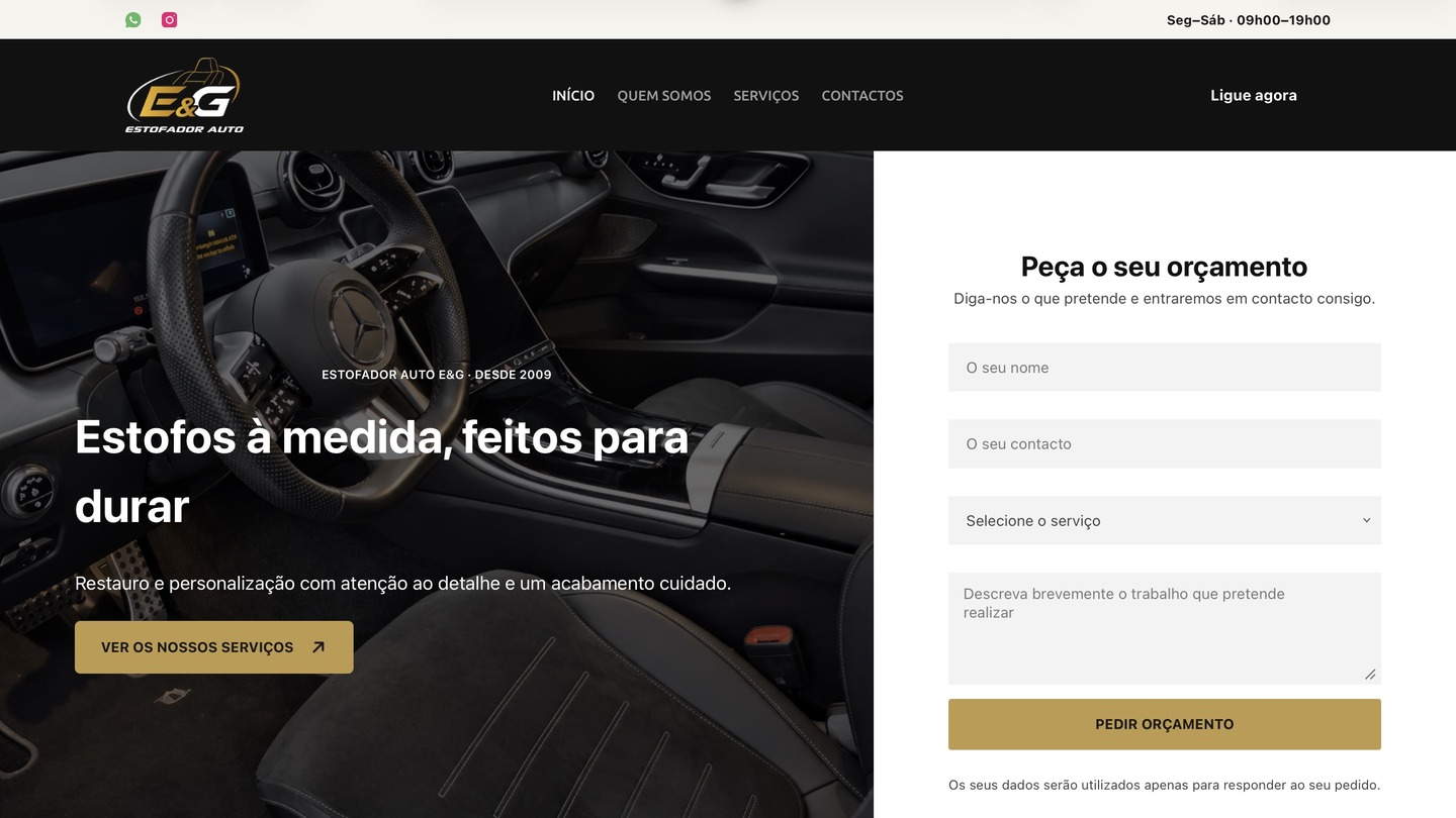 Captura da homepage do website institucional Estofador Auto E&G, com o cabeçalho, o Hero e o pedido de orçamento.