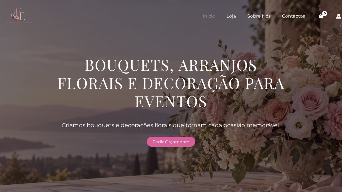 Captura da homepage Flores que Encantam, conceito de portefólio de um website para florista.