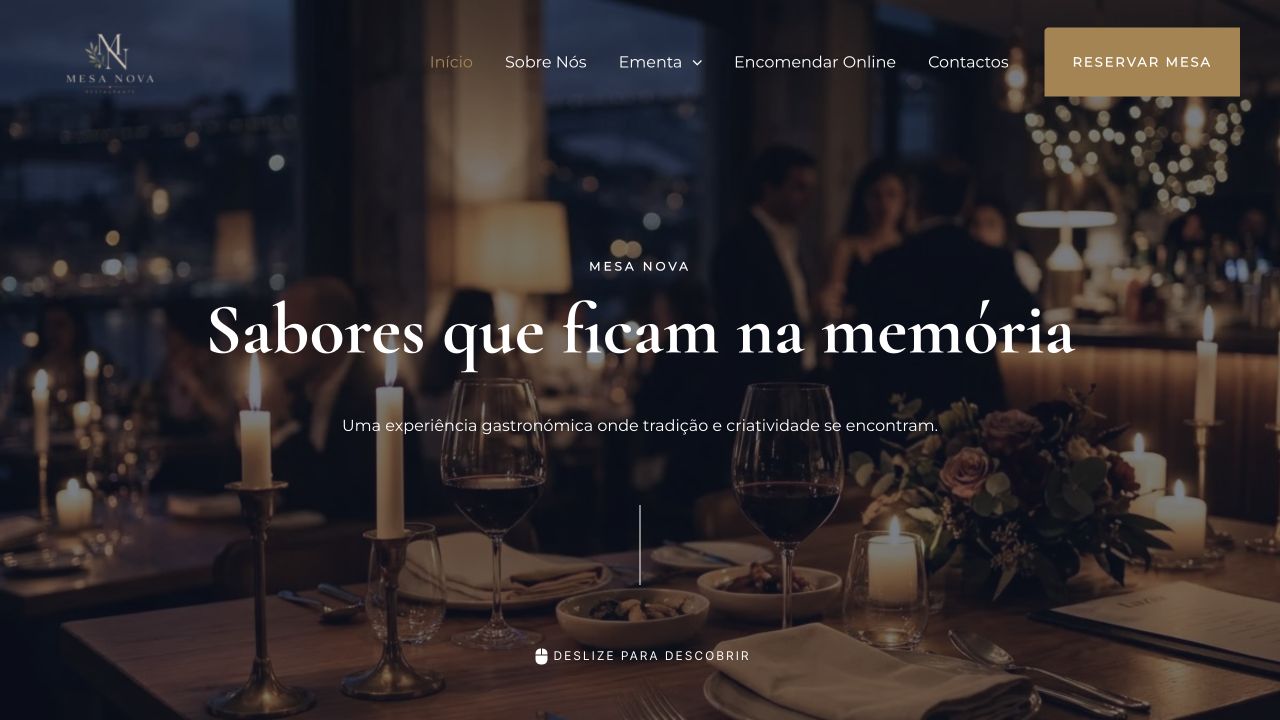 Captura da página inicial do projeto Mesa Nova, com apresentação do restaurante.