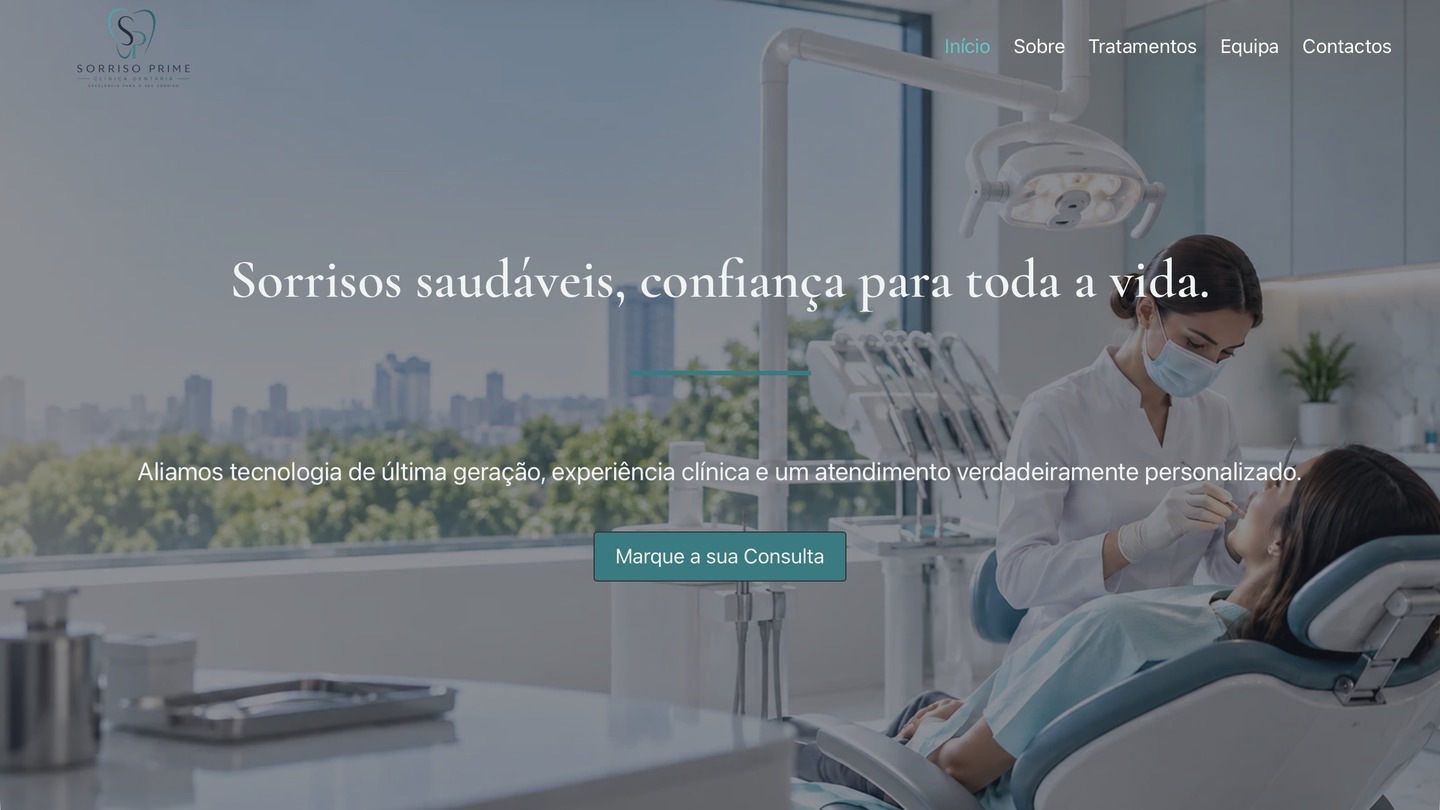 Captura da homepage Sorriso Prime, conceito de portefólio de um website para clínica dentária.